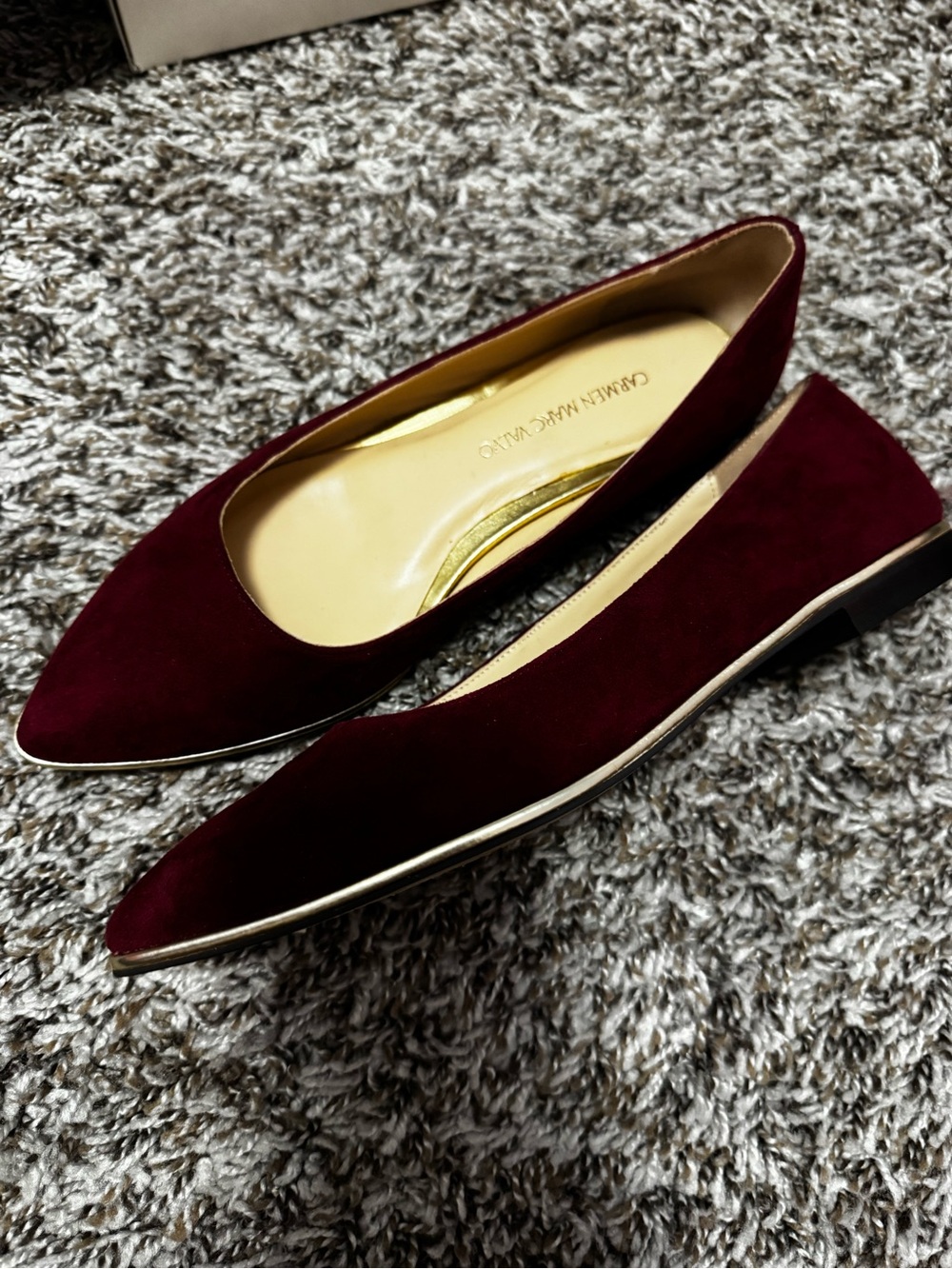 Carmen Marc Valvo Burgundy Suede Pointed Toe Flats with Gold Trim
